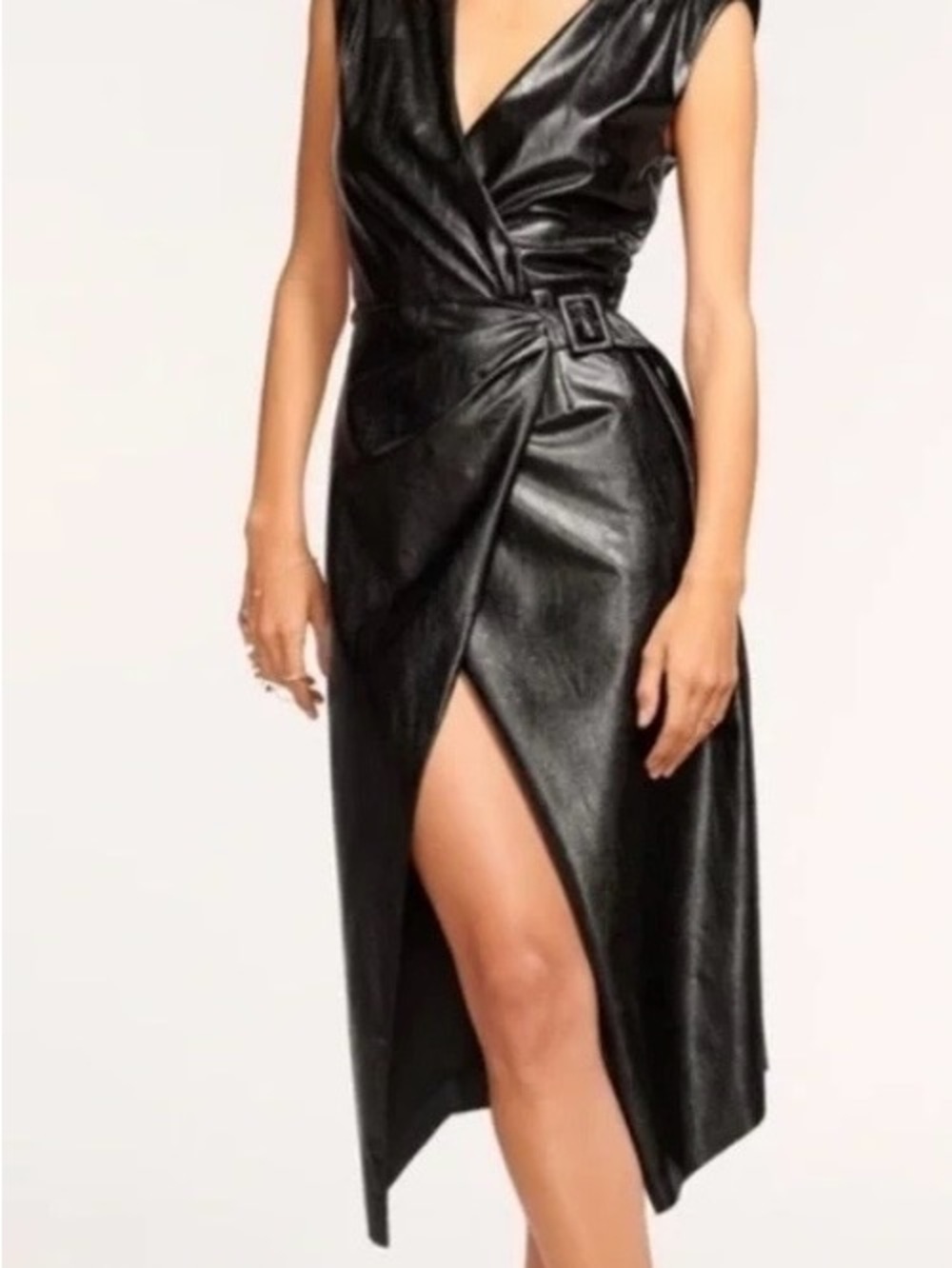 Ramy Brook Black Faux Leather Wrap Midi Dress with Belt Detail